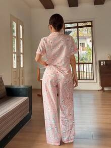 SHEIN Napfluff Bubble Wrinkle Cute Puppy Print Short Sleeve Pajama Set - Pink - View 2