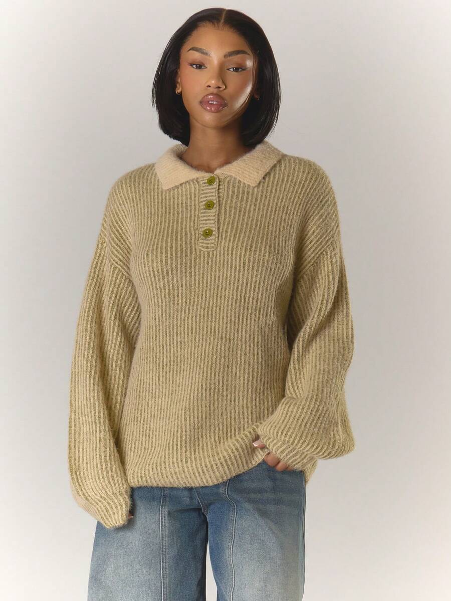 MUSERA Two Tone Mohair Knit Collar Oversized Button Detail Jumper Cool Girl, Streetstyle, Cute, , , Winter Spring - Khaki - View 1