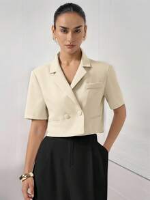 Aveloria Modichic 新款时尚通勤简约优雅精致复古奢华纹理面料西装外套，翻领设计，交叉露背剪裁，收腰露脐短袖女式夹克 - 米色 - 查看 4