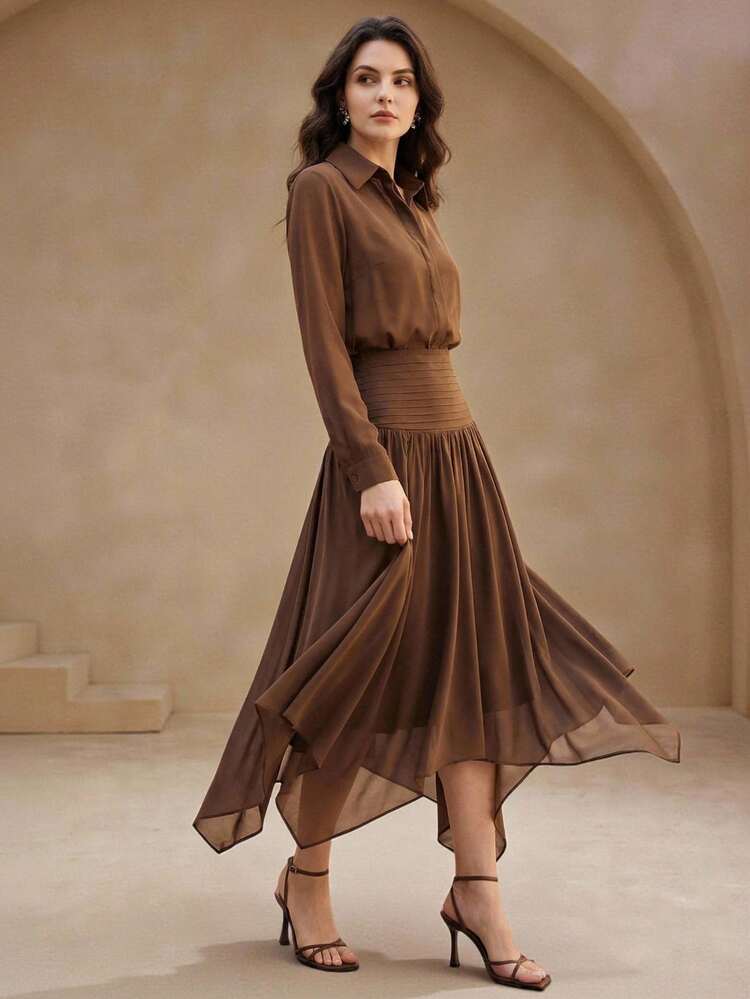 Women's Waist-Cinching Elegant Long Sleeve Shirt Dress, Chiffon Pleated Asymmetrical Hem, Draping, Casual Long Dress