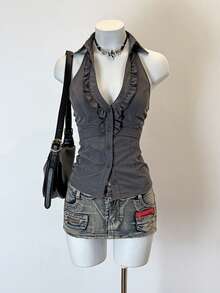 Jeanoix 女士性感深V修身办公室通勤极简系带露背衬衫 - 灰色 - 查看 1