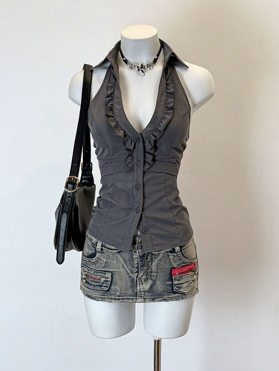 Jeanoix 女士性感深V修身办公室通勤极简系带露背衬衫 - 灰色 - 查看 1