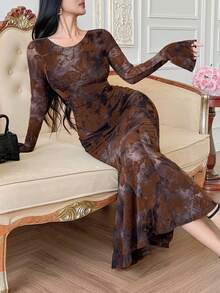DAZY Spring/Summer Elegant Floral Lace Long Sleeve Midi Dress, Suitable For Valentine's Day, Wedding, Party, Formal Occasion, Commute - Brown - View 1
