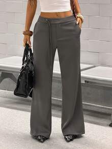 StreetHx Pantalones rectos con cordones para mujer "Old Money", primavera/verano - Gris Oscuro - Ver 5