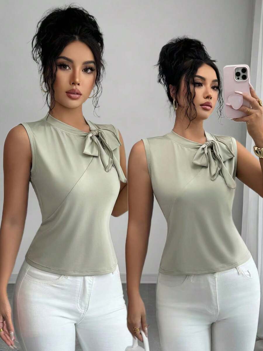 Aalyst Women's Fashion Loose Scoop Neck Sleeveless Tank Top, Tie Neck & Fishbone Splice Design, Versatile Casual Tank Top - Green - View 1