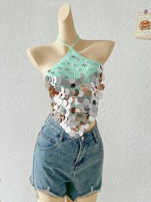 Flirla Sexy Versatile Vacation Style Beaded Halter Knit Top - Green - View 6