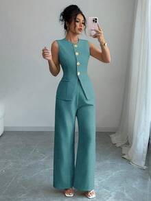 Selianne Women's Elegant Floral Button Decorated Casual/Commute Suit - Green - View 4