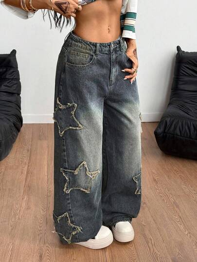 Coolane Jeans desgastados con estampado de estrella de estilo atlético y grunge para mujeres