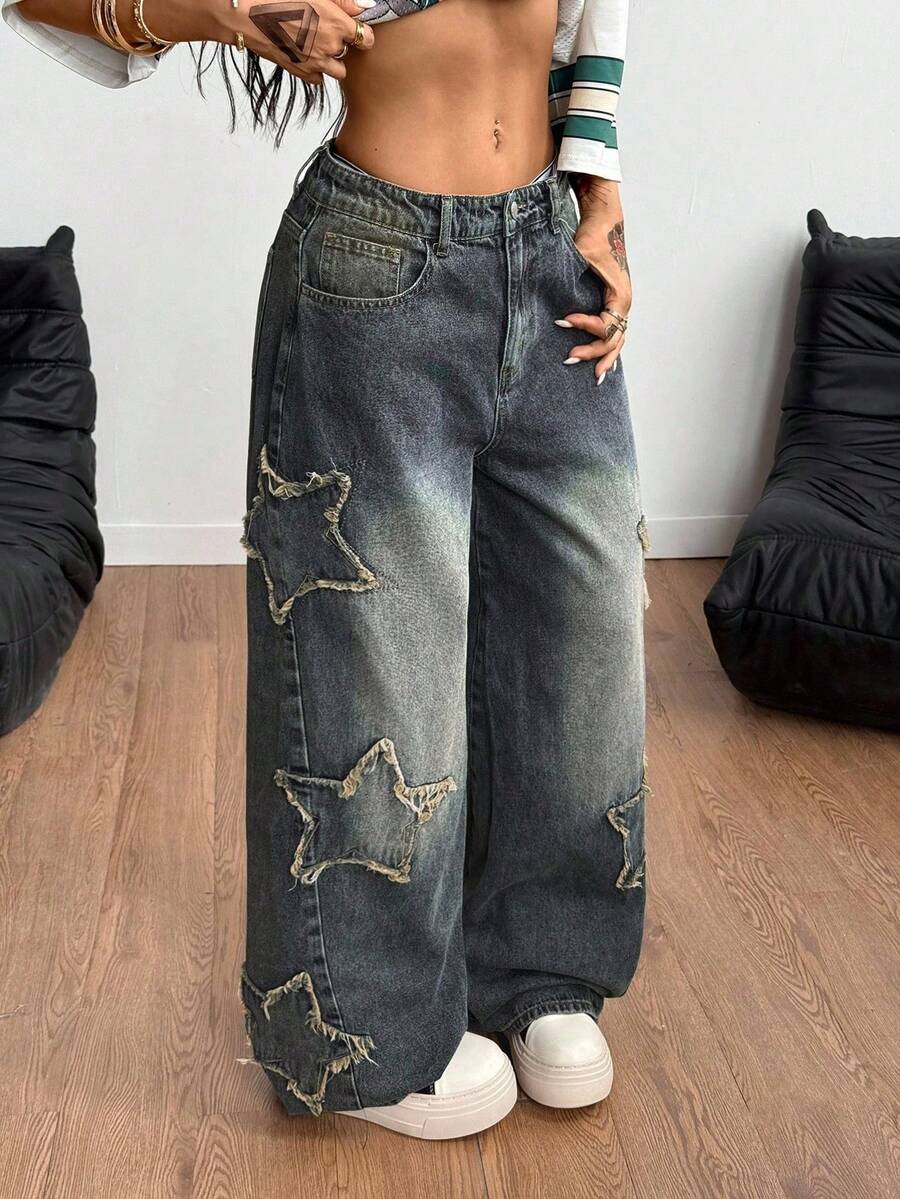 Coolane Women's Winter/All-Season Streetwear  Hippie   Music Festival Party Casual Preppy Vintage Basic Star Patched Dirty Washed Comfortable Baggy  Jeans - Navy Blue - View 1