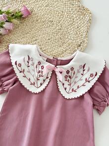 SHEIN Đầm ngắn tay phồng cổ Peter Pan thêu hoa phối ghép dễ thương cho bé gái. - Màu Hồng baby - Xem 5