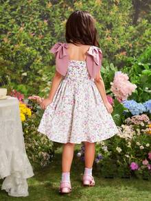 SHEIN Leap Crew Váy xòe xếp ly không tay họa tiết hoa nhỏ nhắn cho bé gái có nơ lớn, phong cách nghỉ dưỡng thường ngày, xuân/hè - Hồng - Xem 2