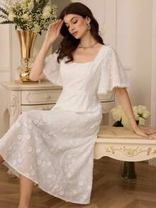 Modelyn Vestido midi elegante y estilizador con cuello cuadrado, encaje jacquard floral y escote cuadrado para uso diario y oficina de la mujer - Blanco - Ver 6