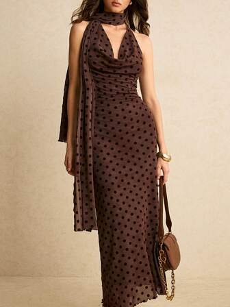 Poéselle 女士波点印花极简露背连衣裙，休闲日常穿着