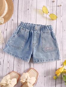 Young Girls Washed Denim Casual Elastic Waist Butterfly Embroidered Wide Leg Blue Denim Shorts, Summer - Blue - View 7
