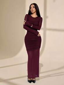 SHEIN PETITE Women's Elegant Burgundy Autumn Evening Dress,Solid Color Round Neck Long Sleeve Pleated Mesh Slim Fit Tight Long Formal Dress For Birthday Party ,Petite Women - Burgundy - View 5