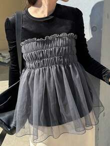 FRIFUL Women's Round Neck Velvet Layered Mesh Ruffle Hem T-Shirt - Black - View 1