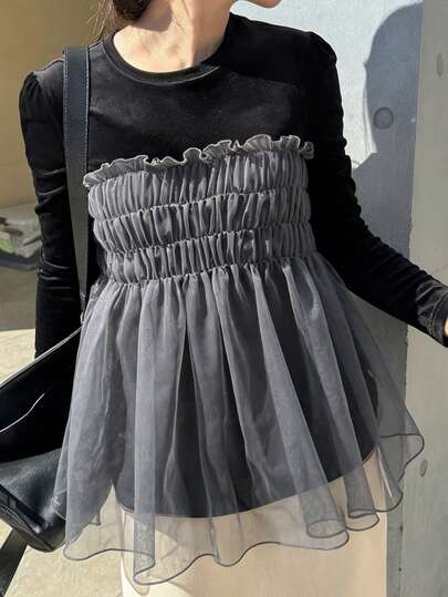 FRIFUL Women's Round Neck Velvet Layered Mesh Ruffle Hem T-Shirt