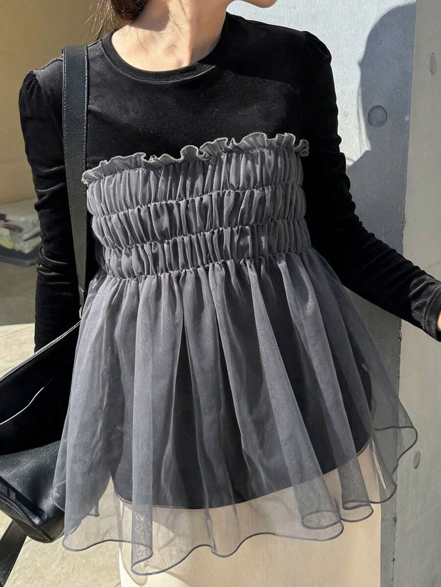FRIFUL Women's Round Neck Velvet Layered Mesh Ruffle Hem T-Shirt - Black - View 1