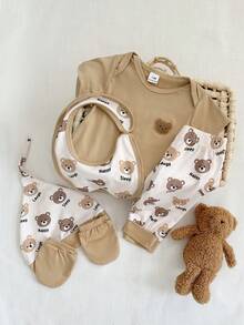 SHEIN 5pcs/Set Newborn Baby Boy Summer Outfit, Includes Cute Bear Print Knit Soft Romper, All-Over Print Pants, Hat, Bib, Gloves - Khaki - View 4