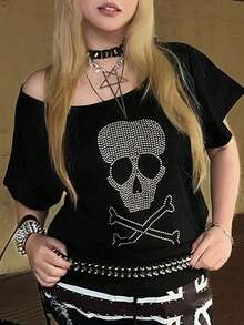 ROMWE Grunge Punk Áo thun cỡ lớn kiểu dáng rộng rãi, hở lưng, vai chéo, đính đinh tán và đá quý hình đầu lâu. - màu đen - Xem 1
