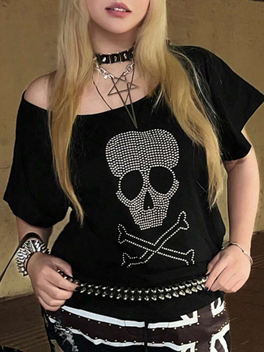 ROMWE Grunge Punk Áo thun cỡ lớn kiểu dáng rộng rãi, hở lưng, vai chéo, đính đinh tán và đá quý hình đầu lâu. - màu đen - Xem 1