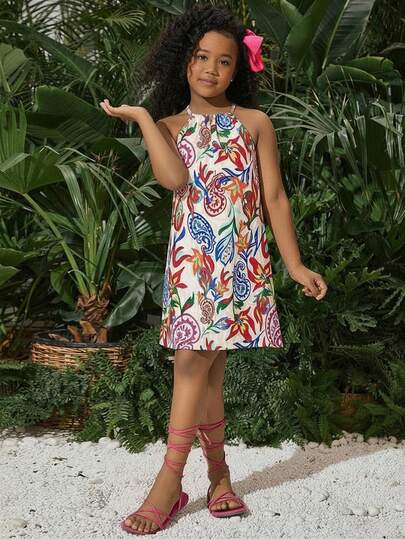 SHEIN Tween Girls' Vacation Casual Chiffon Ditsy Floral Halter Dress