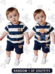 两件套男婴时尚舒适休闲圆领短袖T恤套装，采用可爱条纹和小熊印花设计，宽松圆领，适合春夏穿着。 - 彩色 - 查看 1