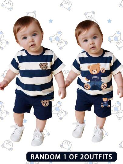 两件套男婴时尚舒适休闲圆领短袖T恤套装，采用可爱条纹和小熊印花设计，宽松圆领，适合春夏穿着。