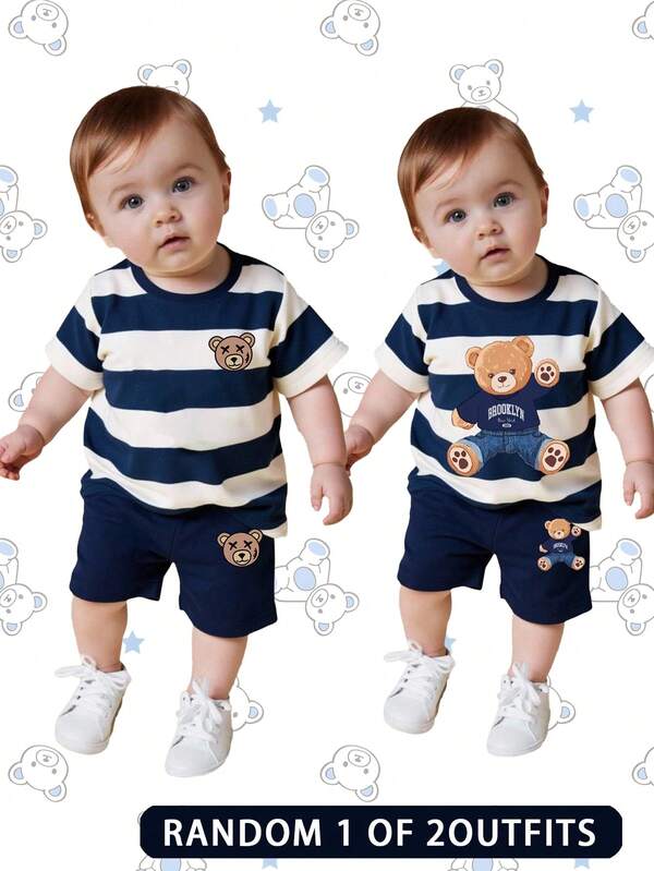 两件套男婴时尚舒适休闲圆领短袖T恤套装，采用可爱条纹和小熊印花设计，宽松圆领，适合春夏穿着。