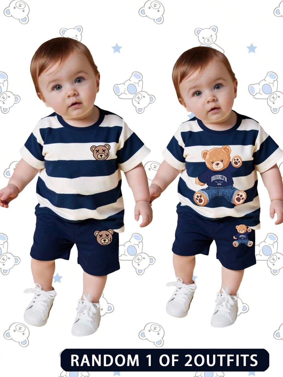 两件套男婴时尚舒适休闲圆领短袖T恤套装，采用可爱条纹和小熊印花设计，宽松圆领，适合春夏穿着。 - 彩色 - 查看 1
