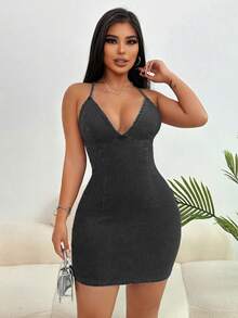 SHEIN SXY Đầm denim ôm sát cổ yếm buộc dây, hở lưng gợi cảm dành cho nữ, thích hợp cho mùa hè. - Màu xám đen - Xem 3