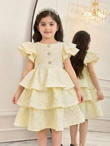SHEIN Young Girl Woven Solid Color Collared Puff Sleeve Fitted Casual Dress - Yellow - View 3