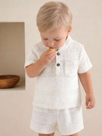 SHEIN Playful Pals Summer Baby Boys Toddlers Knitted Jacquard Stand Collar Half-Open Placket Solid Color Short Sleeve Shorts Set, Suitable For Casual, Comfortable, Vacation, Daily Wear, Summer, 6M-3T