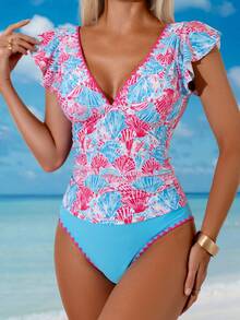 Swim Lushoire Spring/Summer Blue & Pink Shell Print V-Neck Backless Ruffle Sleeve Shell Craft Waist Pleated Top, Blue Knit Fabric Triangle Bottoms, Mature Women Style Ladies Camisole Strap Bikini 2-Piece Set - Multicolor - View 3