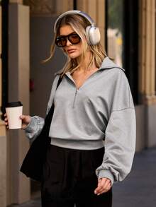 Hauture 女士波点四分之一拉链卫衣 - 灰色 - 查看 1