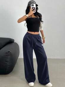 SHEIN Teen Girls Casual Loose Fit Low Waist Elastic Waistband Wide Leg Sweatpants, Versatile For Spring, Summer, Autumn, Winter - Navy Blue - View 11