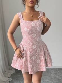 Rafferiza Đầm ngắn nữ mùa xuân/hè dáng regular, cổ rộng, không tay, eo thắt xếp ly, gấu đầm nhún, chất liệu jacquard màu xanh dương, thanh lịch và lãng mạn, thích hợp cho lễ tốt nghiệp, dạ hội, tiệc tùng, lễ hội âm nhạc, kỳ nghỉ. - Màu Hồng baby - Xem 7