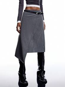 LYSMO 女式条纹印花不对称下摆开叉半身裙 - 深灰色 - 查看 6