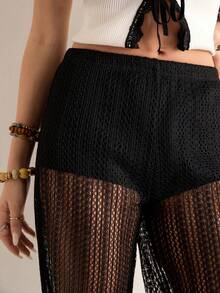 Freevana Quần ống rộng dệt kim xuyên thấu màu đen phong cách Bohemian, quần ống rộng cạp cao họa tiết hoa lưới, quần casual gợi cảm kiểu nghỉ dưỡng dành cho nữ. - màu đen - Xem 5
