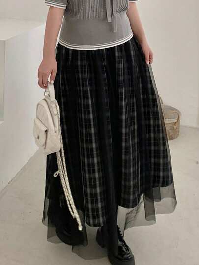 Dazy Plus 撞色拼接网纱格纹弹力腰A字长款休闲大码女裙，春夏款