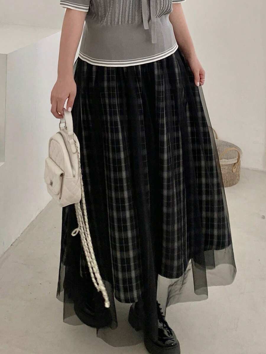 Dazy Plus 撞色拼接网纱格纹弹力腰A字长款休闲大码女裙，春夏款 - 黑色 - 查看 1