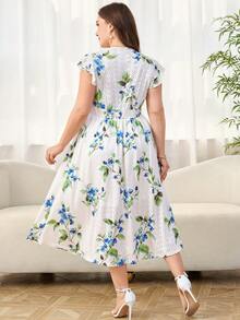 Reflora Đầm dệt kim co giãn phối ren dành cho nữ cỡ lớn, có gấu và tay áo loe, thích hợp cho mùa xuân/hè. - Nhiều màu - Xem 3