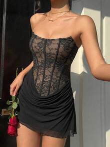 Aloruh Đầm ngắn cúp ngực gợi cảm, thanh lịch dành cho nữ, phối ren, thích hợp cho mùa hè. - màu đen - Xem 2