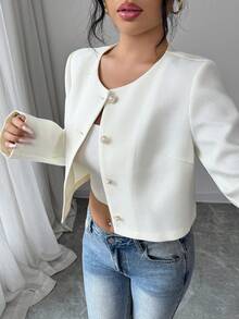 Elenzga Women's Elegant Casual Vacation Apricot Jacket, Minimalist Fitted Outerwear, Versatile For Dates, Parties, Daily Outings, Fashionable New Year Outfit - Apricot - View 6