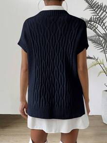 Chiquease Women's Casual V-Neck Loose Knit Vest - Navy Blue - View 2