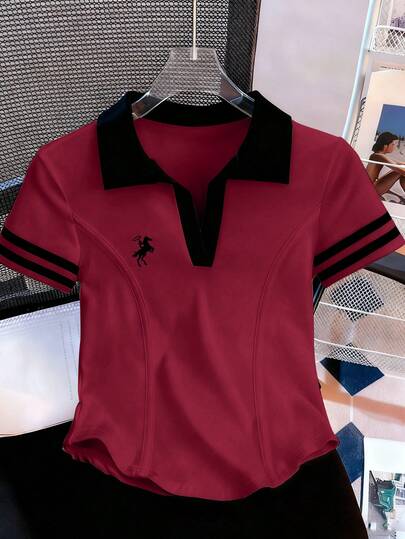 Resyla Camiseta de mujer casual de manga corta con cuello polo, estampado de caballero a rayas y contraste de color