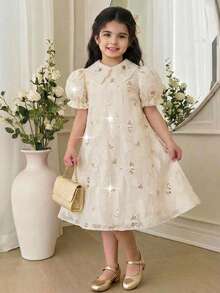 Young Girl Elegant & Cute Floral Mesh Dress - Apricot - View 8