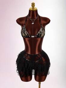 Amplova Bộ đồ bơi ren 3 mảnh dành cho nữ, có lớp lót, bikini gợi cảm và sành điệu kèm khăn choàng sarong, thích hợp cho ngày Valentine, những dịp thân mật, mùa xuân nóng bỏng. - Nhiều màu - Xem 12