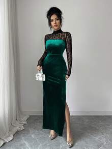 Rafferiza 蕾丝拼接长袖优雅派对礼服，黑色长裙 - 墨綠色 - 查看 4
