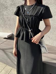 FRIFUL 女款細肩帶荷葉邊拼接圓領T恤洋裝，純色夏季兩件式居家休閒套裝，適合學校穿著 - 黑色 - 查看 5